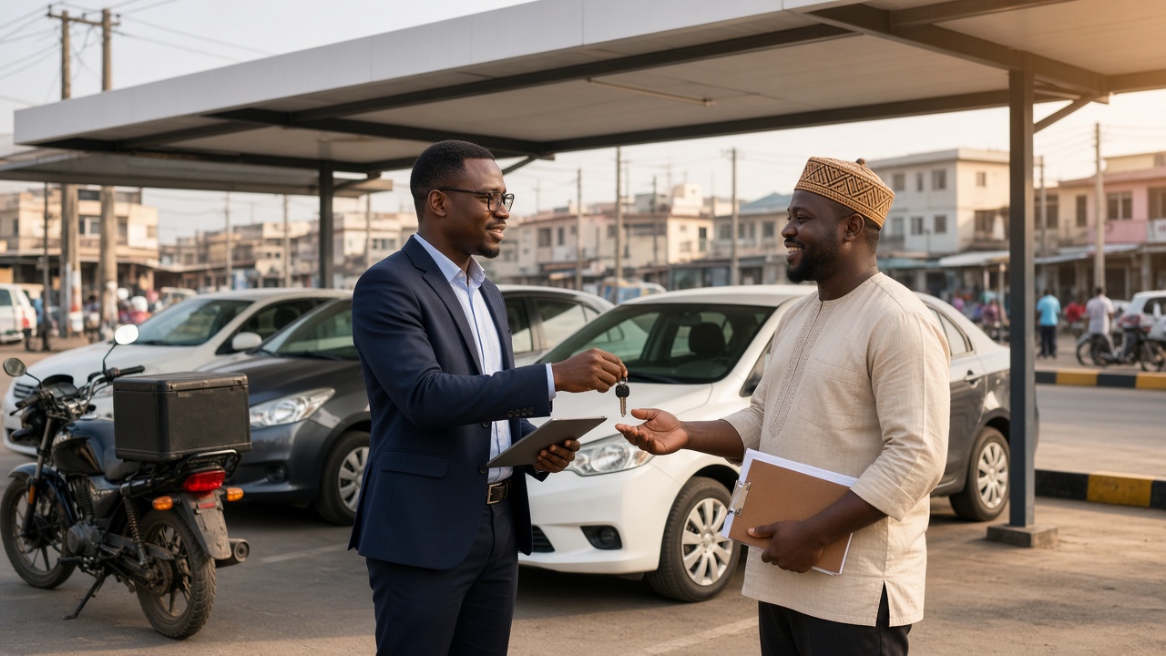 Customer receiving vehicle keys on a hire-purchase agreement